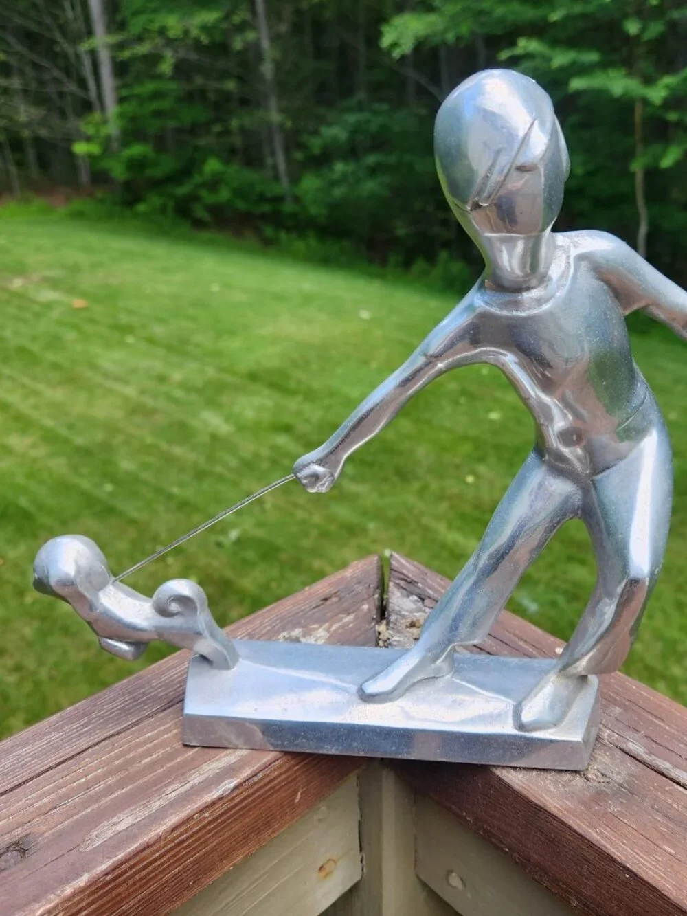 Vintage 1973 Chris Petersen Aluminum Sculpture Man Boy With Dog Mid Century MCM